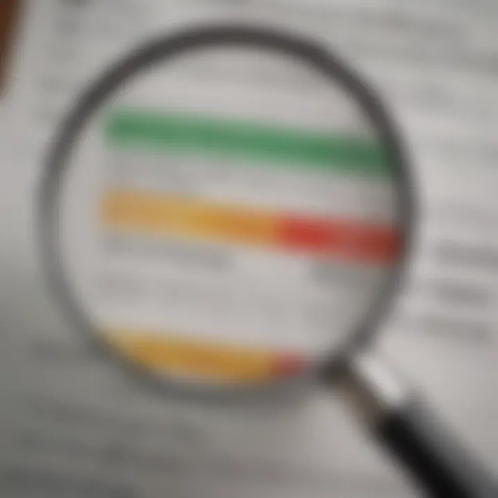 A close-up of a magnifying glass over a credit score report