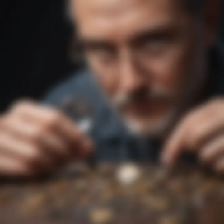 A professional examining coins with a magnifying glass.