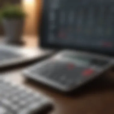 Close-up of a financial calculator and MacBook side by side