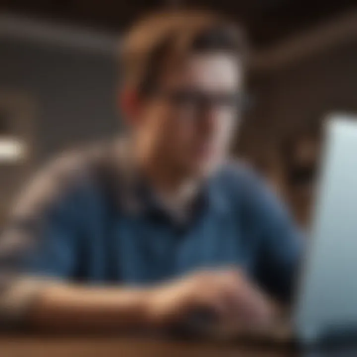 A close-up of a person typing on a laptop with a worried expression.