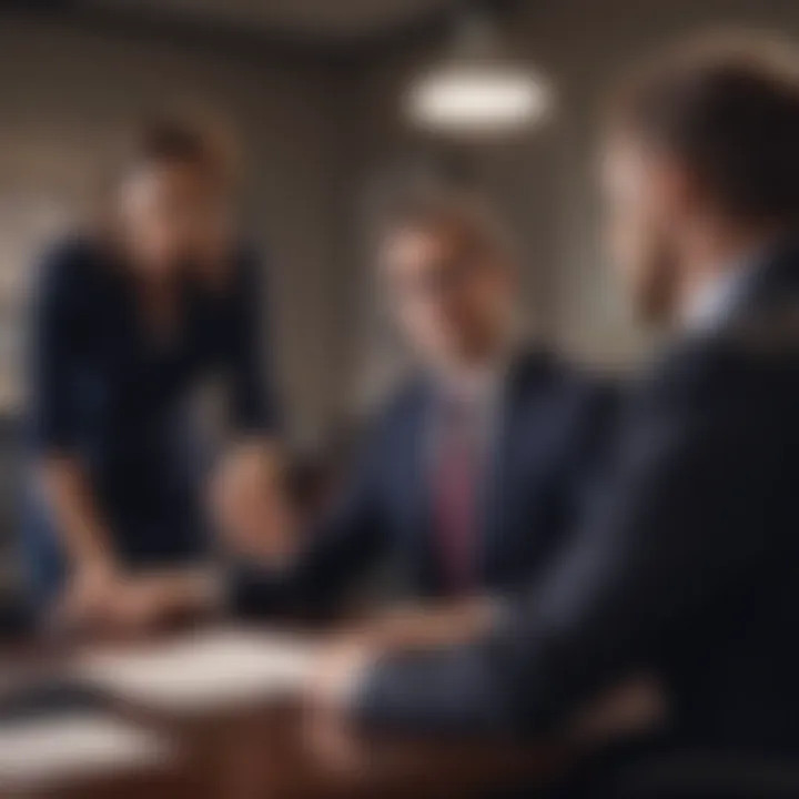 A group of lawyers discussing strategies in an office setting.