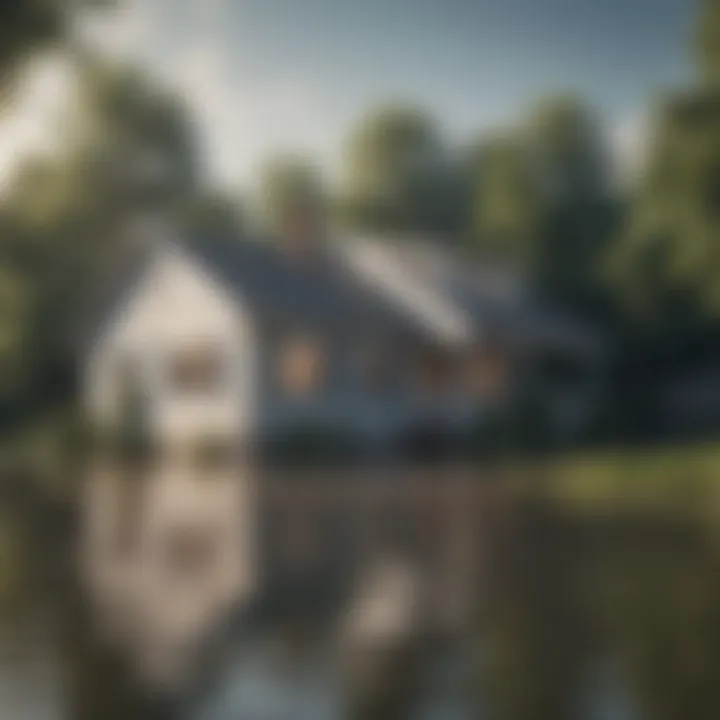 Illustration of a house with floodwaters surrounding it, symbolizing flood risk.